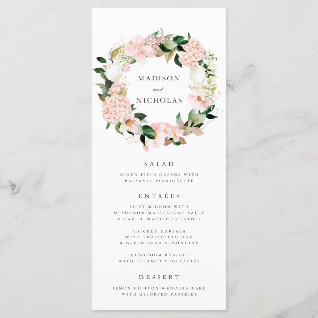 Cartão de Menu de Casamento Floral Spring Blush (Frente)