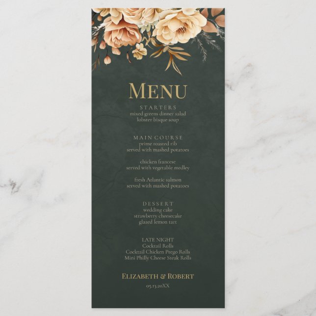 Cartão de Menu de Casamento Floral Verde Bruxa da  (Frente)