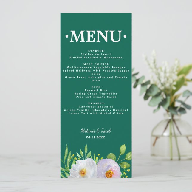 Cartão de Menu de Casamento Floral Verde Floresta  (Em pé/Frente)