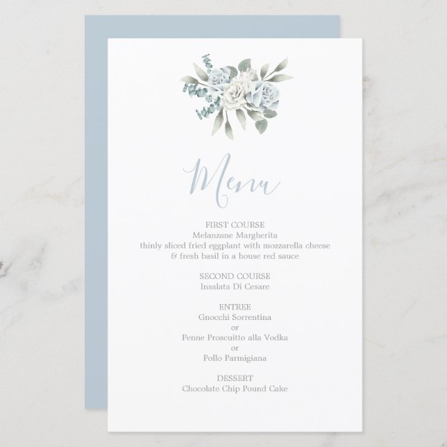 Cartão de Menu de Casamento Floril Dusty Blue (Frente/Verso)