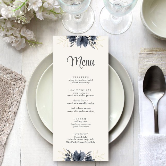 Cartão de Menu de Casamento Gentle Dark Flowers (Gentle Dark Flowers Wedding Menu Card on a white and silver wedding dinner table.)