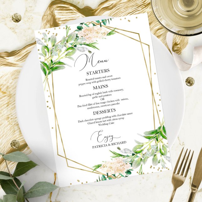 Cartão de Menu de Casamento Geométrico de Vegetaçã (Criador carregado)