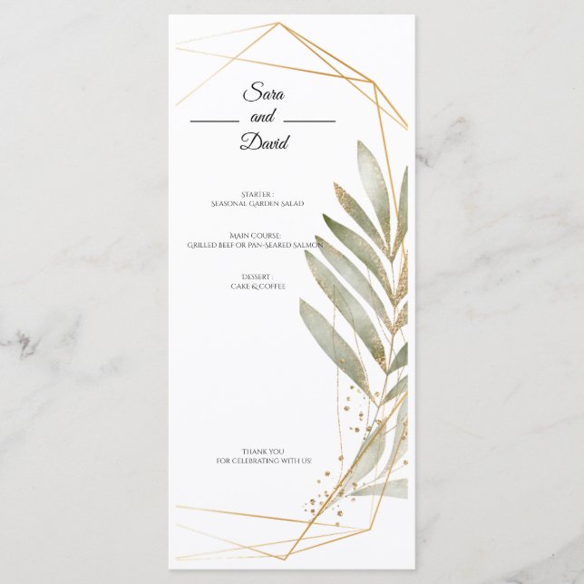 Cartão de Menu de Casamento Geométrico Dourado com (Frente)