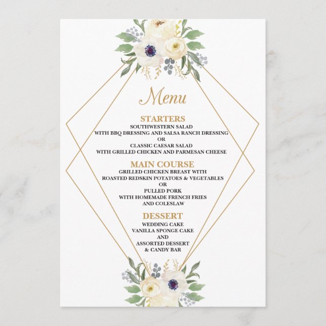 Cartão de Menu de Casamento Geométrico Floral Mode (Frente)