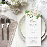 Cartão de Menu de Casamento Gilded Blooms<br><div class="desc">Cartões de cardápio impressos. Use as ferramentas de design para personalizar o layout,  as cores de fundo e o texto com os detalhes do menu de casamento. Este elegante design apresenta um buquê floral de cor d'água em verde e branco com sotaques falsos de folha de ouro.</div>