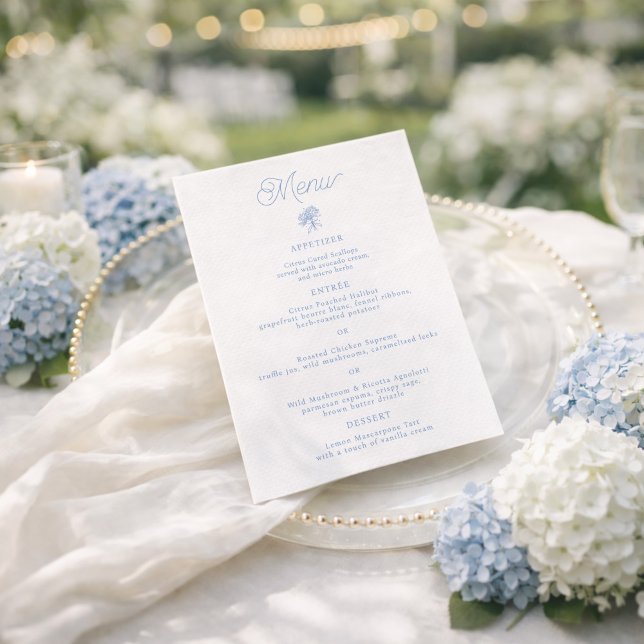 Cartão de Menu de Casamento Hydrangea Azul Francês (Criador carregado)