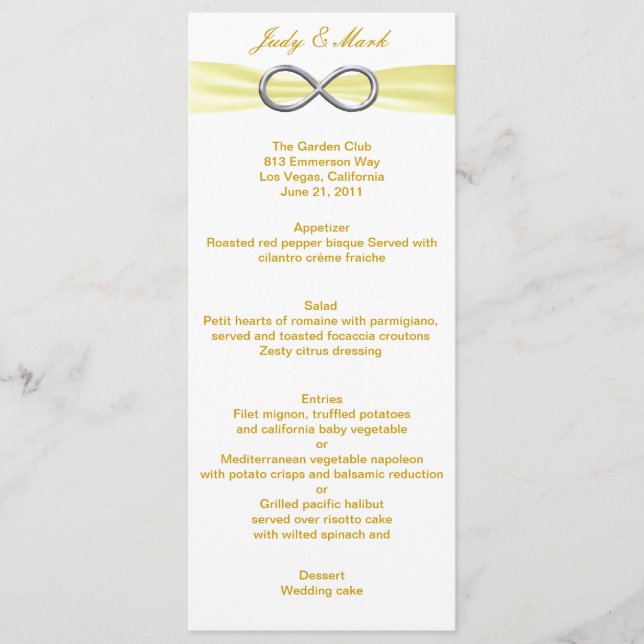 Cartão de Menu de Casamento Infinito Amarelo (Frente)