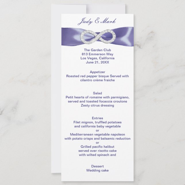 Cartão de Menu de Casamento Infinity Diamante Azul (Frente)