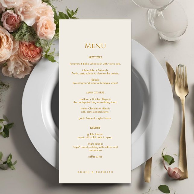 Cartão de Menu de Casamento Islâmico Elegante em O (Criador carregado)