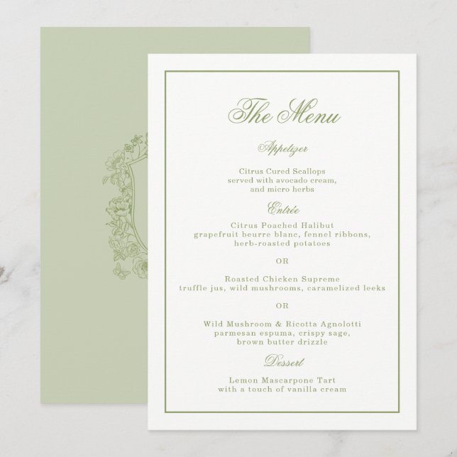 Cartão de Menu de Casamento Jardim Crista Verde Sa (Frente/Verso)