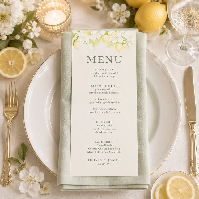 Cartão de Menu de Casamento Jardim de Marfim Flor  (Lemon Blossom Ivory Garden Wedding Menu Card)