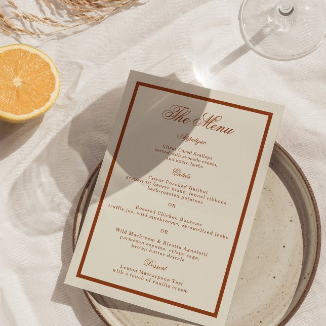 Cartão de Menu de Casamento Laranja Queimado de Te (Criador carregado)