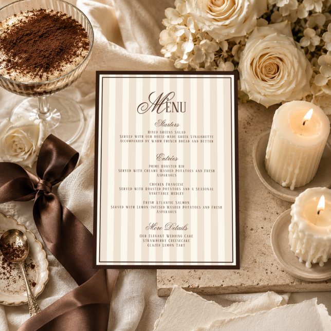 Cartão de Menu de Casamento Listrado de Cappuccino (Criador carregado)