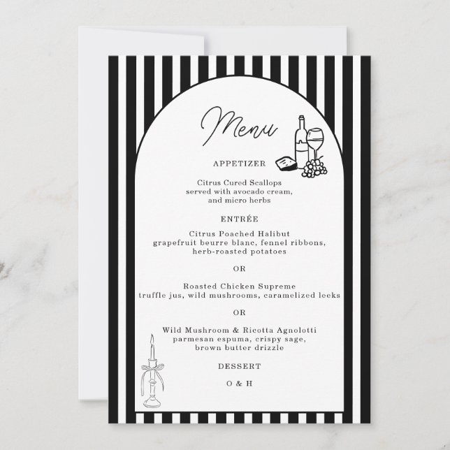 Cartão de Menu de Casamento Listrado Preto e Branc (Frente)