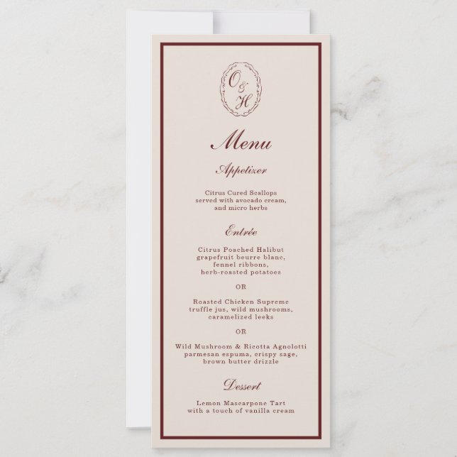 Cartão de Menu de Casamento Longo com Monograma em (Frente)