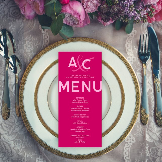 Cartão de Menu de Casamento Magenta Moderno e Ousa (Criador carregado)