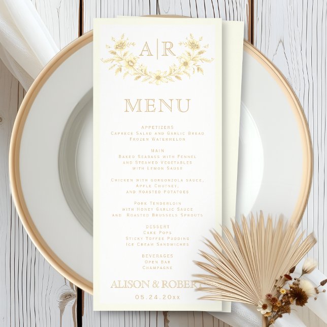 Cartão de menu de casamento marfim com monograma s (Criador carregado)