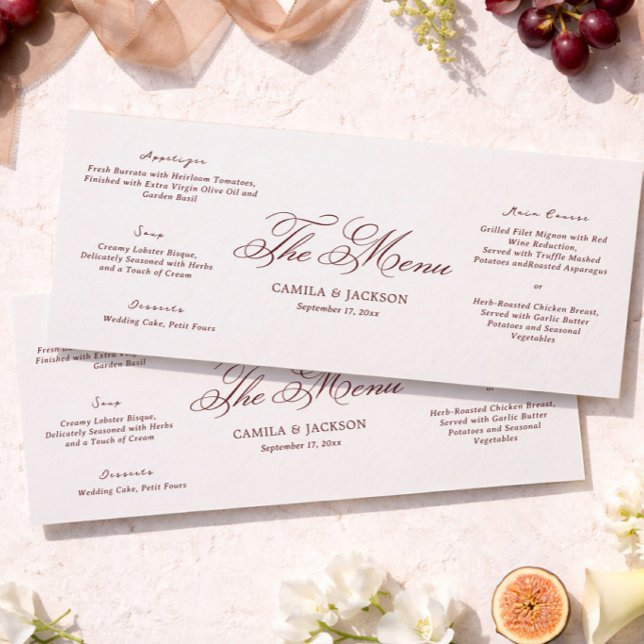 Cartão de Menu de Casamento Marfim e Borgonha (Criador carregado)