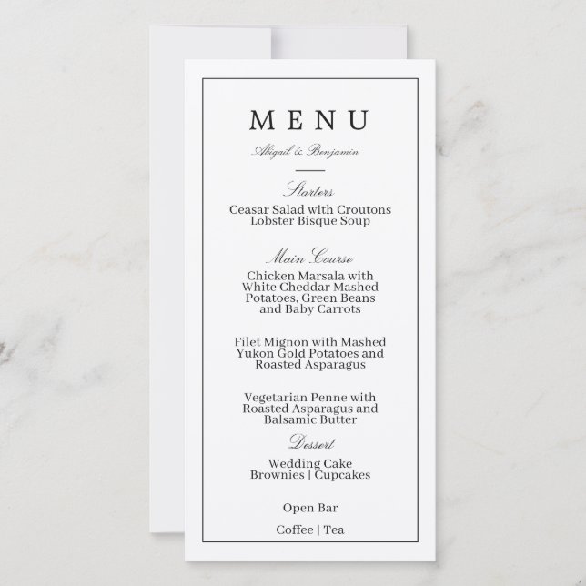 Cartão de Menu de Casamento Minimalista Moderno (Frente)