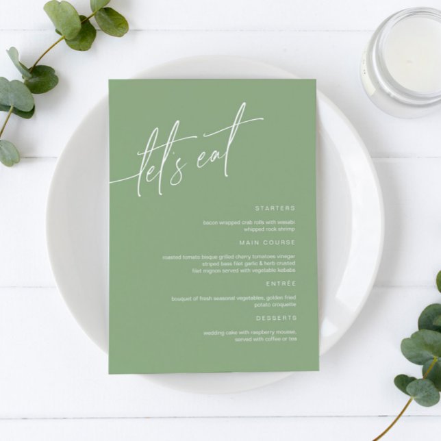 Cartão de Menu de Casamento Minimalista Verde Sage (Criador carregado)