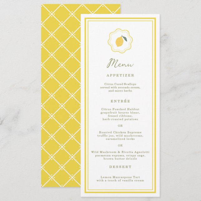 Cartão de Menu de Casamento Mínimo Limão Costa de  (Frente/Verso)