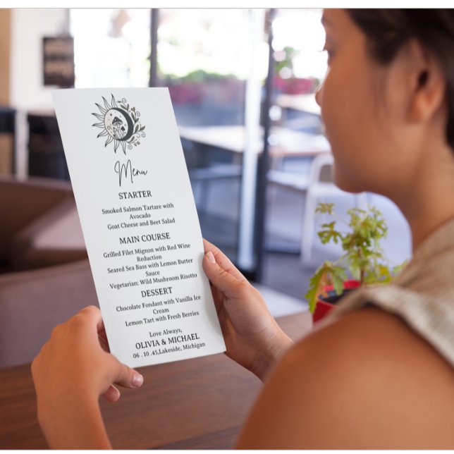 Cartão de Menu de Casamento Místico Celestial (Criador carregado)