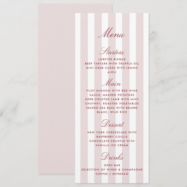 Cartão de Menu de Casamento Moderno de Stripes Ros (Frente/Verso)