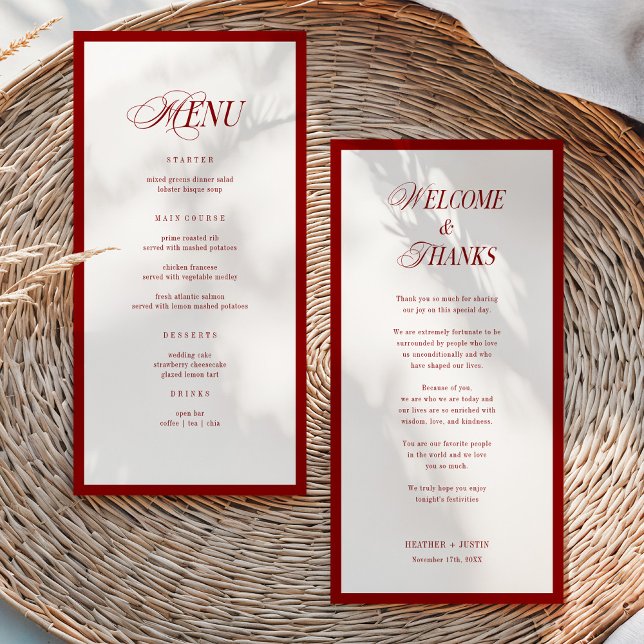 Cartão de Menu de Casamento Moderno Vermelho e Agr (Criador carregado)