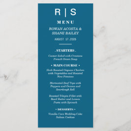 Cartão de Menu de Casamento Monograma Azul Clássic