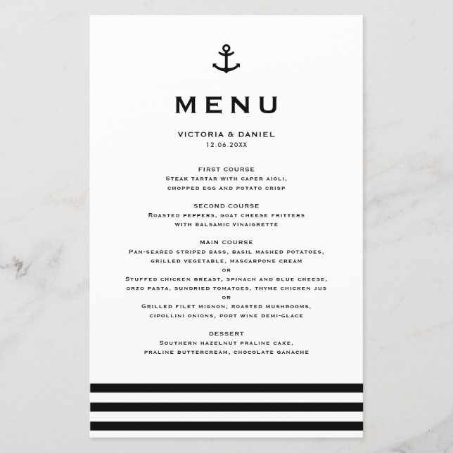 Cartão de Menu de Casamento Náutico com Âncora Pre (Frente)