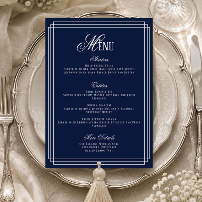 Cartão de Menu de Casamento Navy Old Money (Criador carregado)