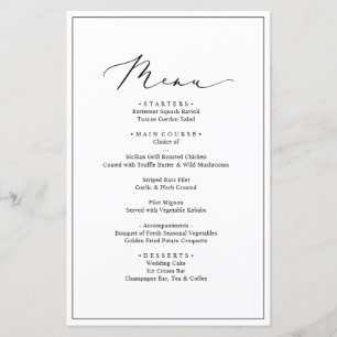 Cartão de Menu de Casamento Negro e Branco Minimal