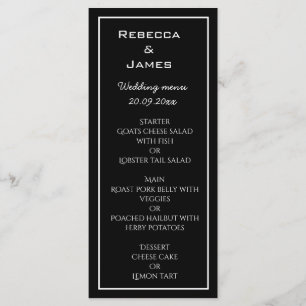Cartão de Menu de Casamento Negro Minimalista Eleg