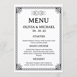 Cartão de Menu de Casamento Nó Celta Preto e Branc