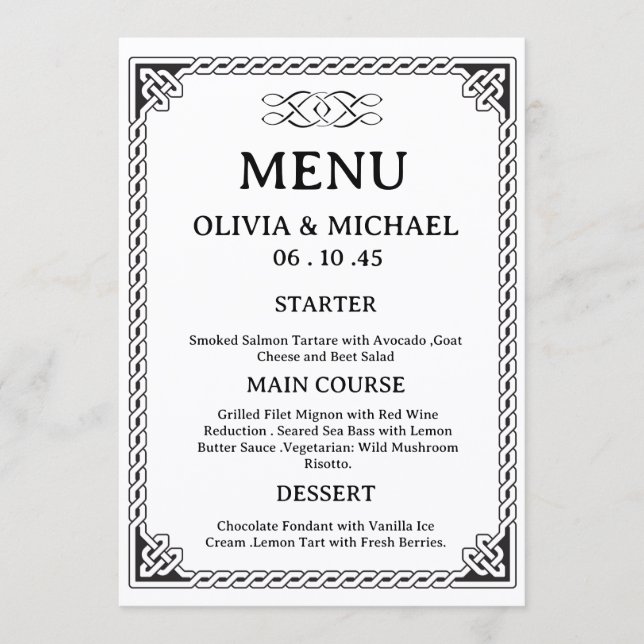 Cartão de Menu de Casamento Nó Celta Preto e Branc (Frente)