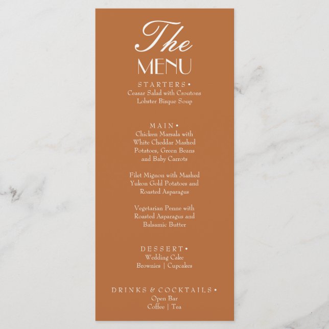 Cartão de Menu de Casamento Old Money Marrom Averm (Frente)