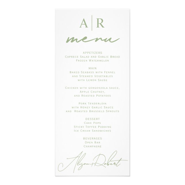 Cartão de menu de casamento para caligrafia verde (Frente)