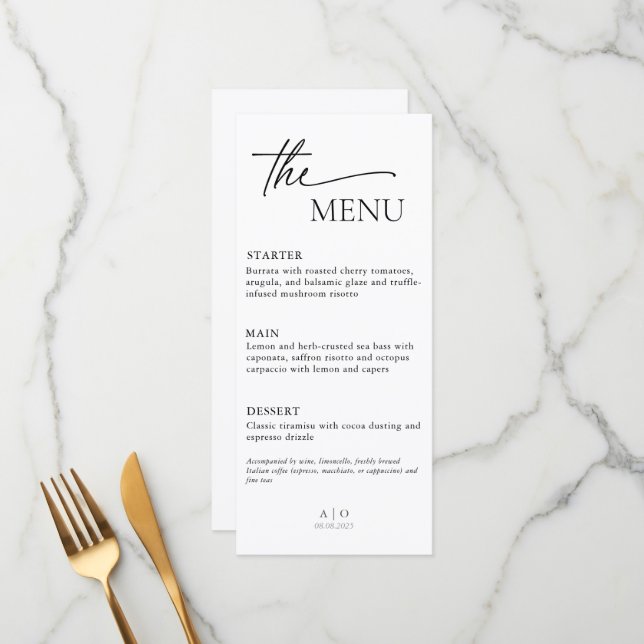 Cartão de Menu de Casamento para Janto de Três Cur (Frente/Verso In Situ)