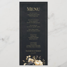 Cartão de Menu de Casamento Peônia Preto e Dourado