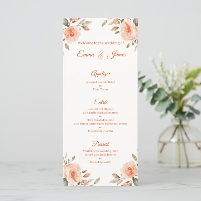 Cartão de Menu de Casamento Personalizado Floral (Em pé/Frente)