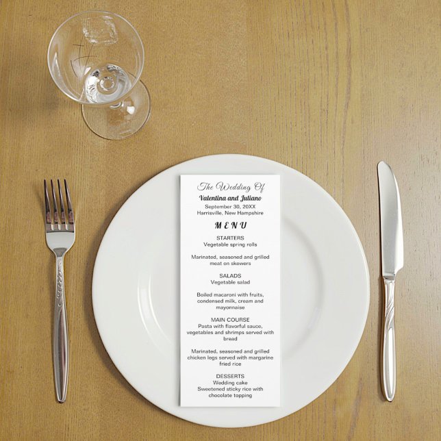 Cartão de Menu de Casamento Preto e Branco (Typography style black and white wedding menu card)