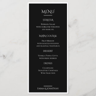 Cartão de Menu de Casamento Preto e Branco Elegant