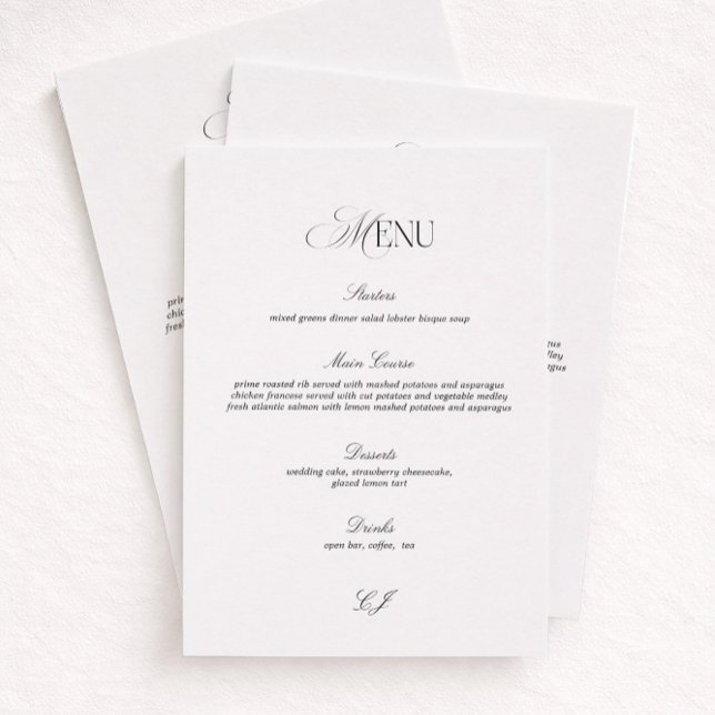 Cartão de Menu de Casamento Preto e Branco Elegant (Criador carregado)