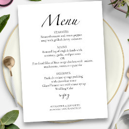 Cartão de Menu de Casamento Preto e Branco em Letr