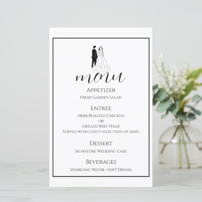 Cartão de Menu de Casamento Preto e Branco Minimal (Em pé/Frente)