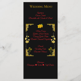 Cartão de Menu de Casamento Preto e Dourado