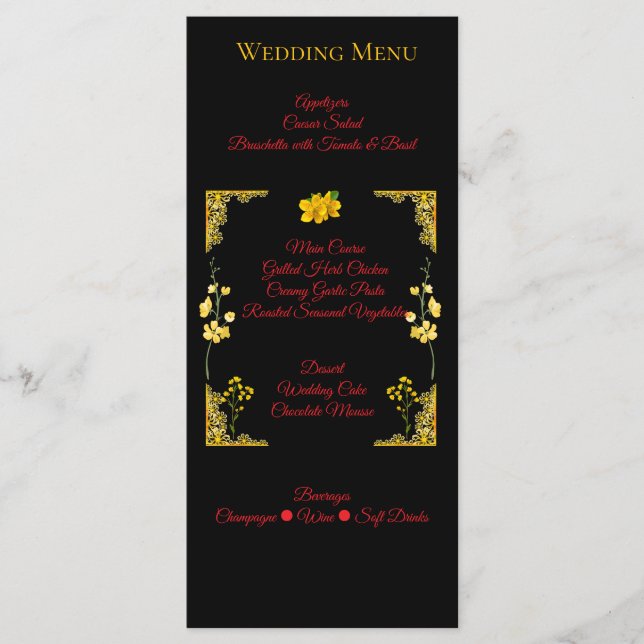 Cartão de Menu de Casamento Preto e Dourado (Frente)