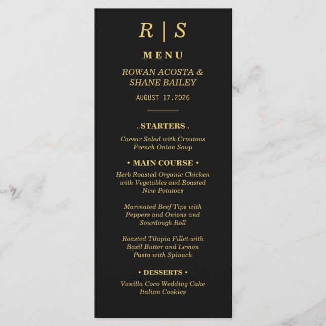 Cartão de Menu de Casamento Preto e Dourado de Lux (Frente)