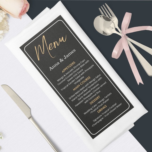 Cartão de Menu de Casamento Preto e Dourado Elegan (Criador carregado)