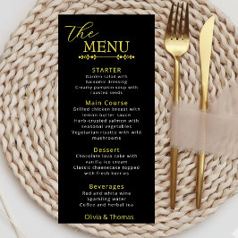 Cartão de Menu de Casamento Preto e Dourado Elegan